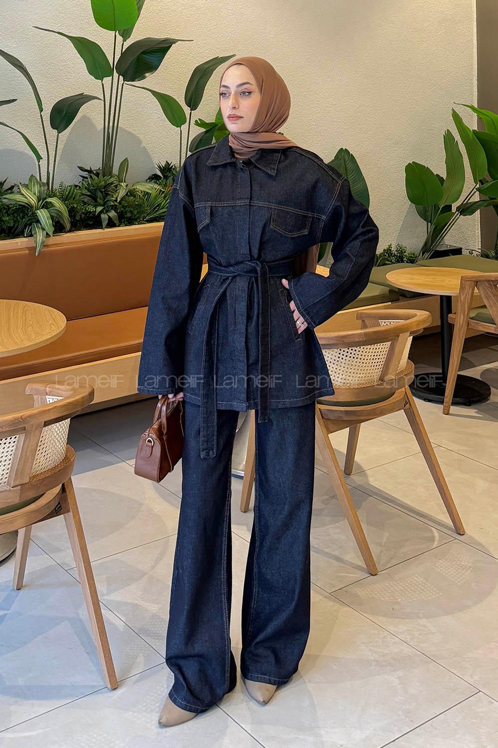 Dark Blue Shirt Collar Long Arm Denim Regular Trousers Denim Suit