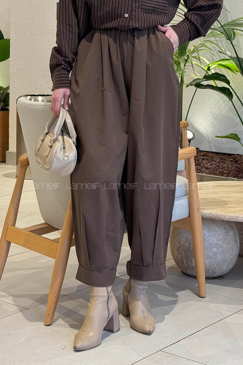 Lamelif Beli Lastikli Bağcıklı Pantolon Kahverengi