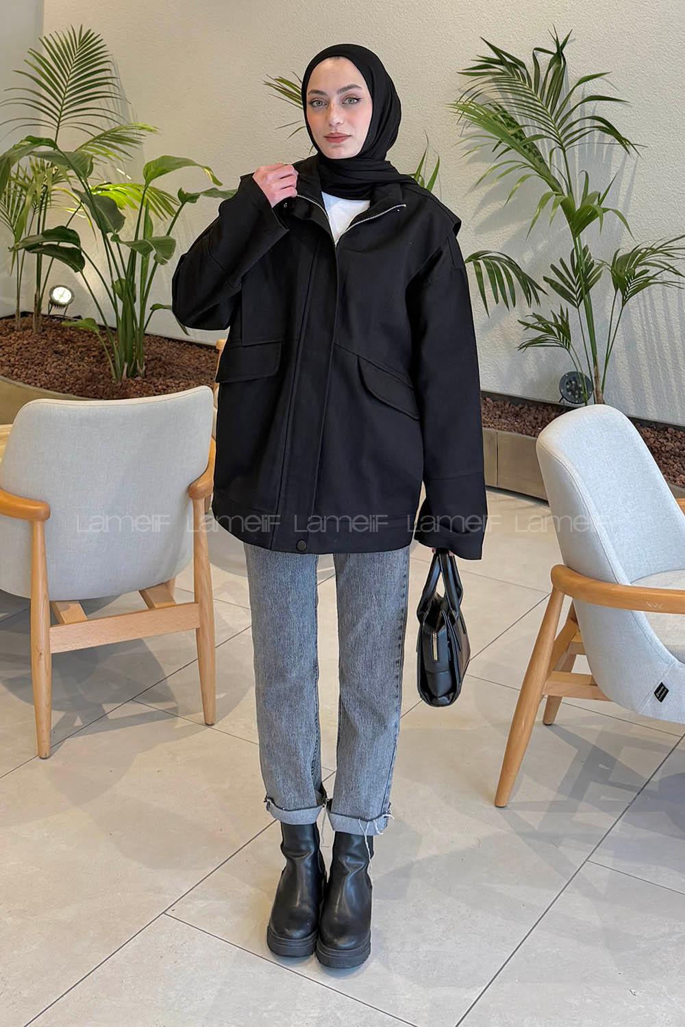 Black Neckband Long Arm Denim Jacket