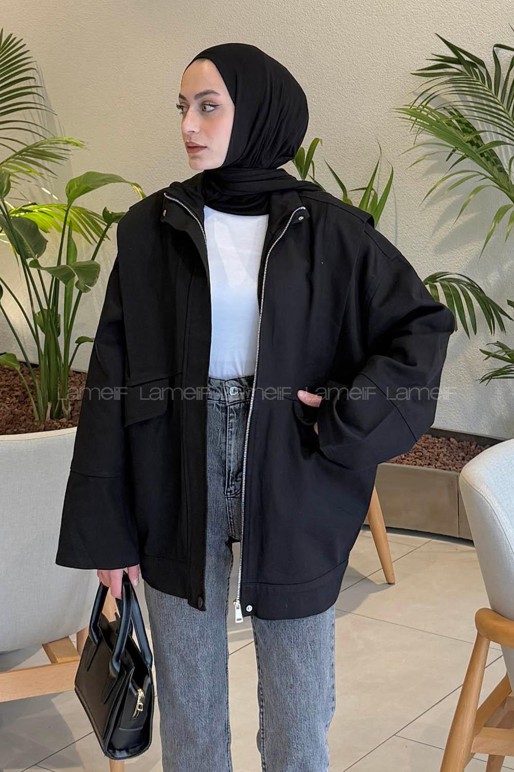 Black Neckband Long Arm Denim Jacket