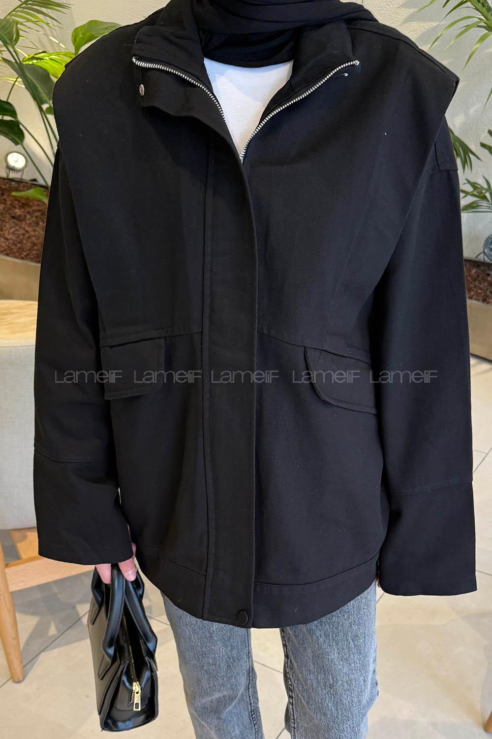 Black Neckband Long Arm Denim Jacket