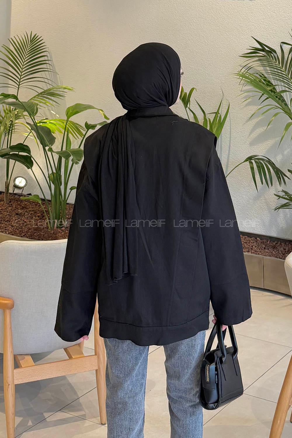 Black Neckband Long Arm Denim Jacket