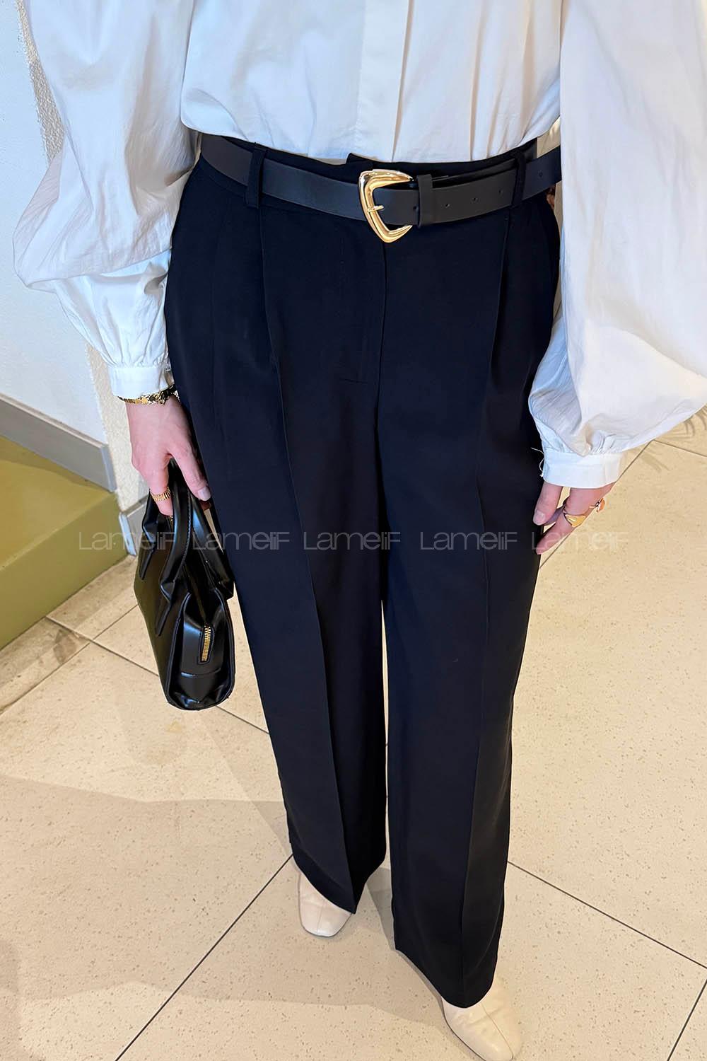 Lamelif Çift Pileli Kemerli Pantolon Siyah