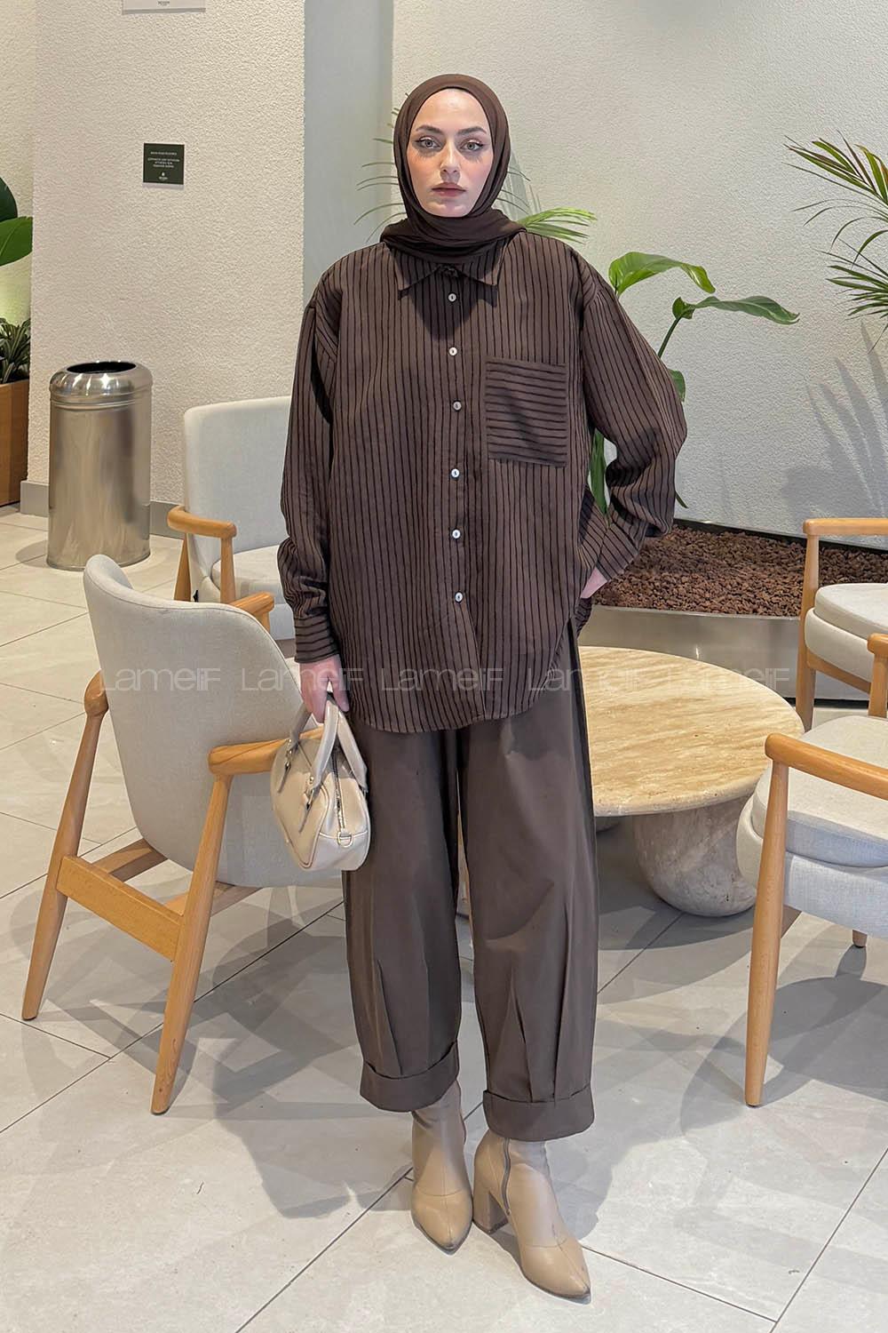 Lamelif Çizgili Modal Gömlek Acı Kahve