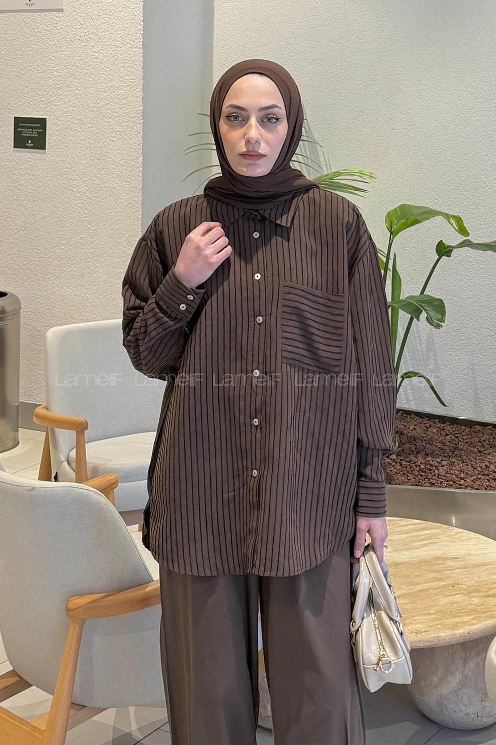 Lamelif Çizgili Modal Gömlek Acı Kahve
