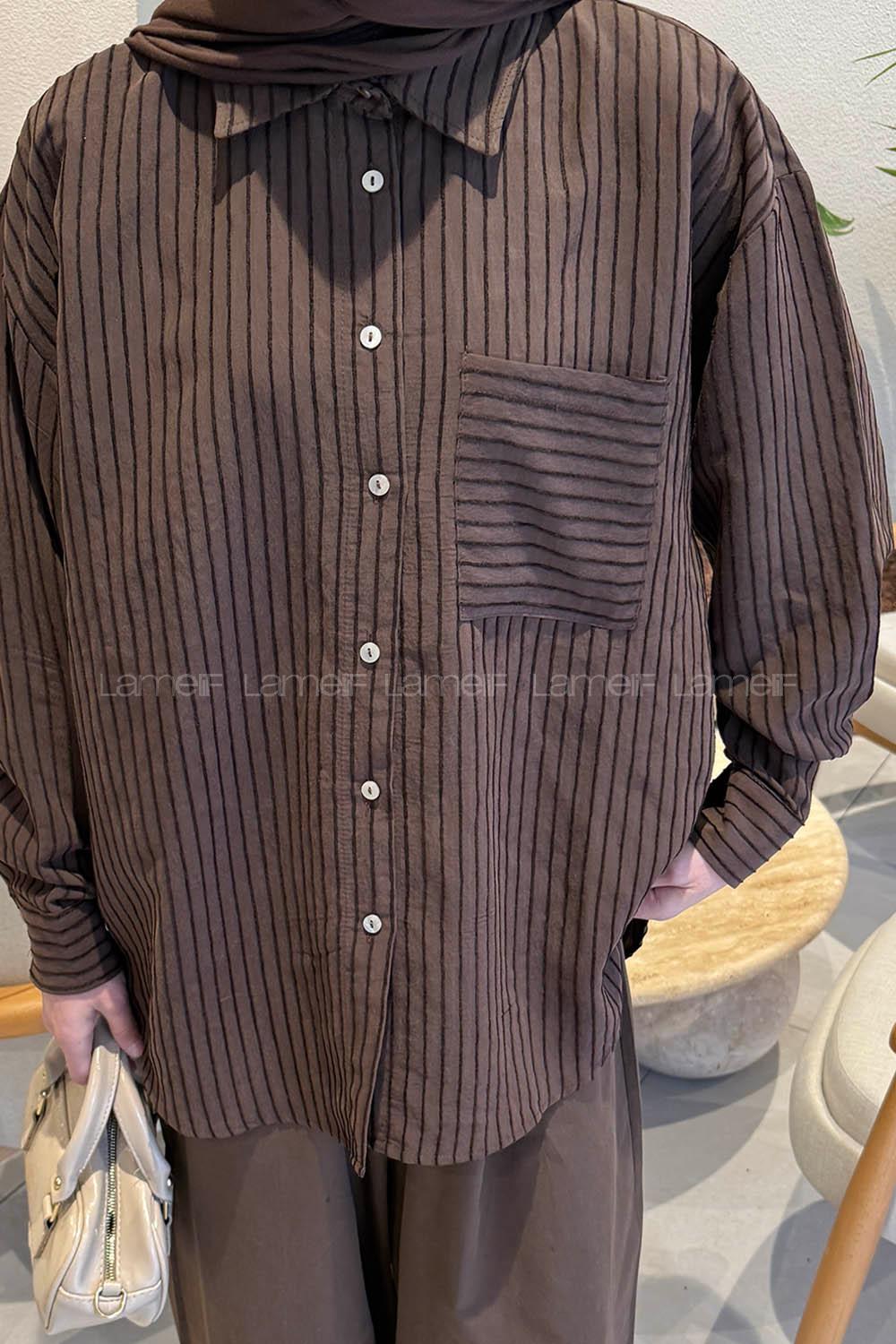 Lamelif Çizgili Modal Gömlek Acı Kahve