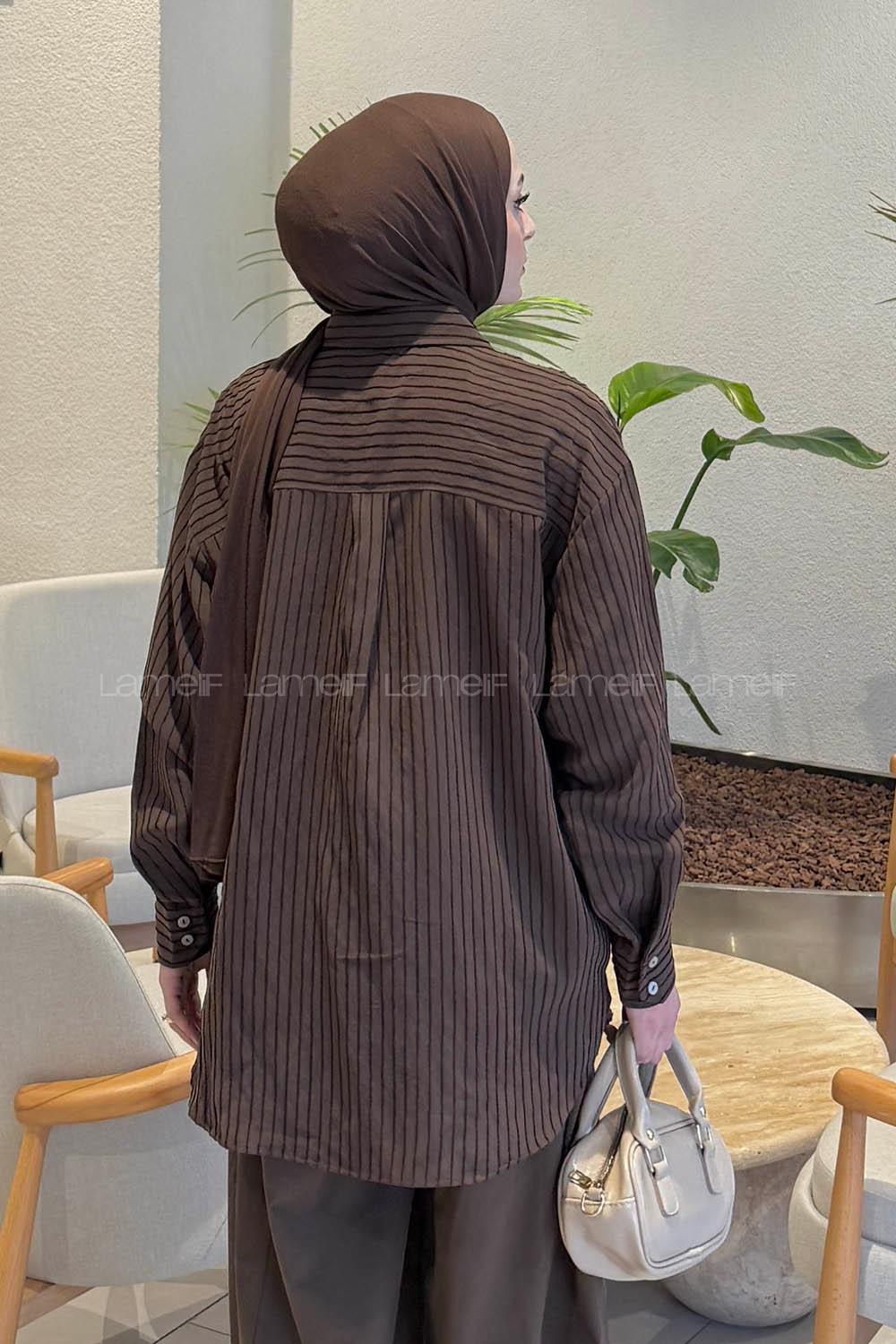 Lamelif Çizgili Modal Gömlek Acı Kahve