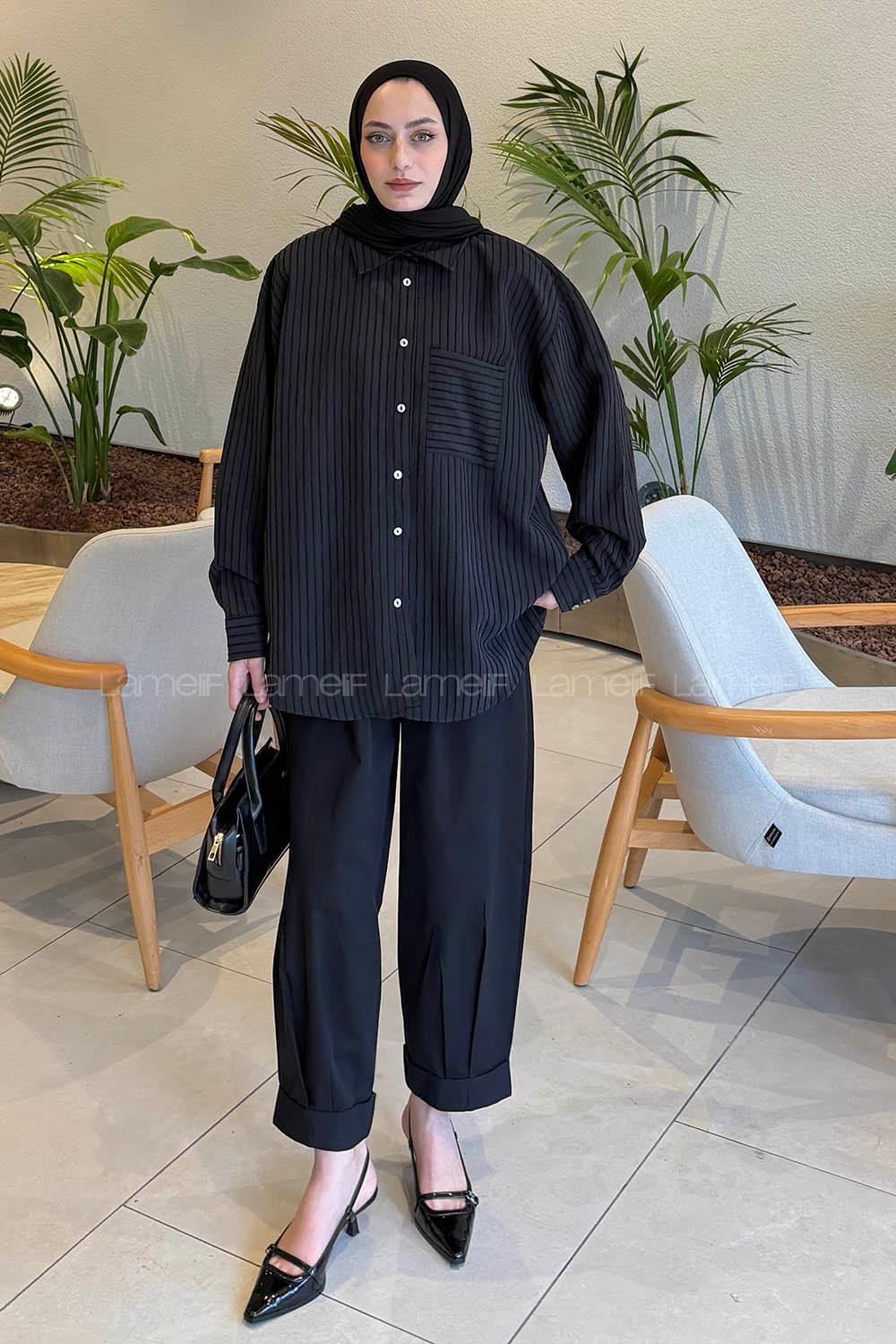 Lamelif Çizgili Modal Gömlek Siyah