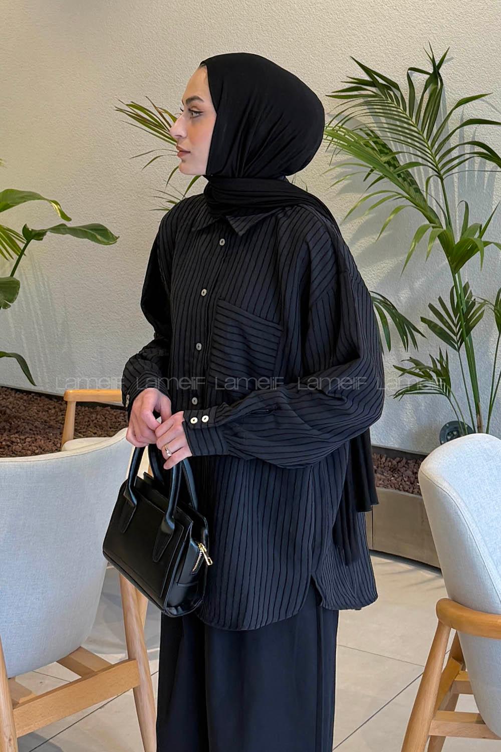 Lamelif Çizgili Modal Gömlek Siyah