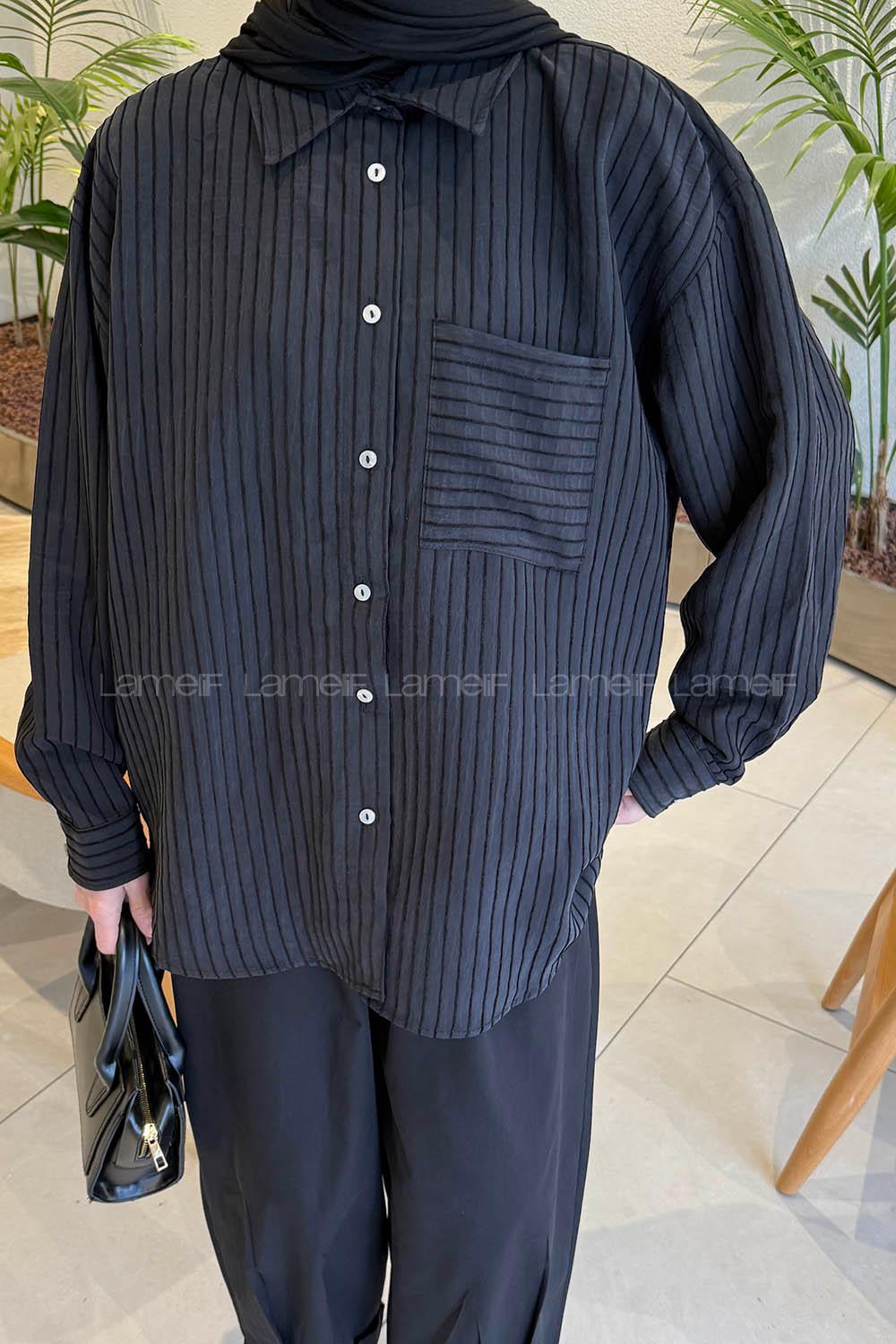 Lamelif Çizgili Modal Gömlek Siyah