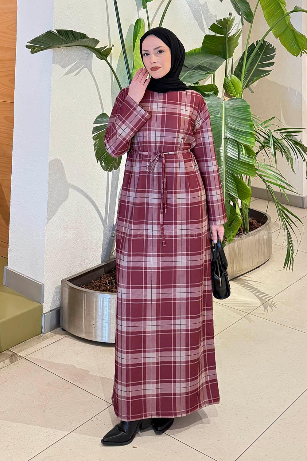 Lamelif Ekose Desen Tesettür Elbise Bordo