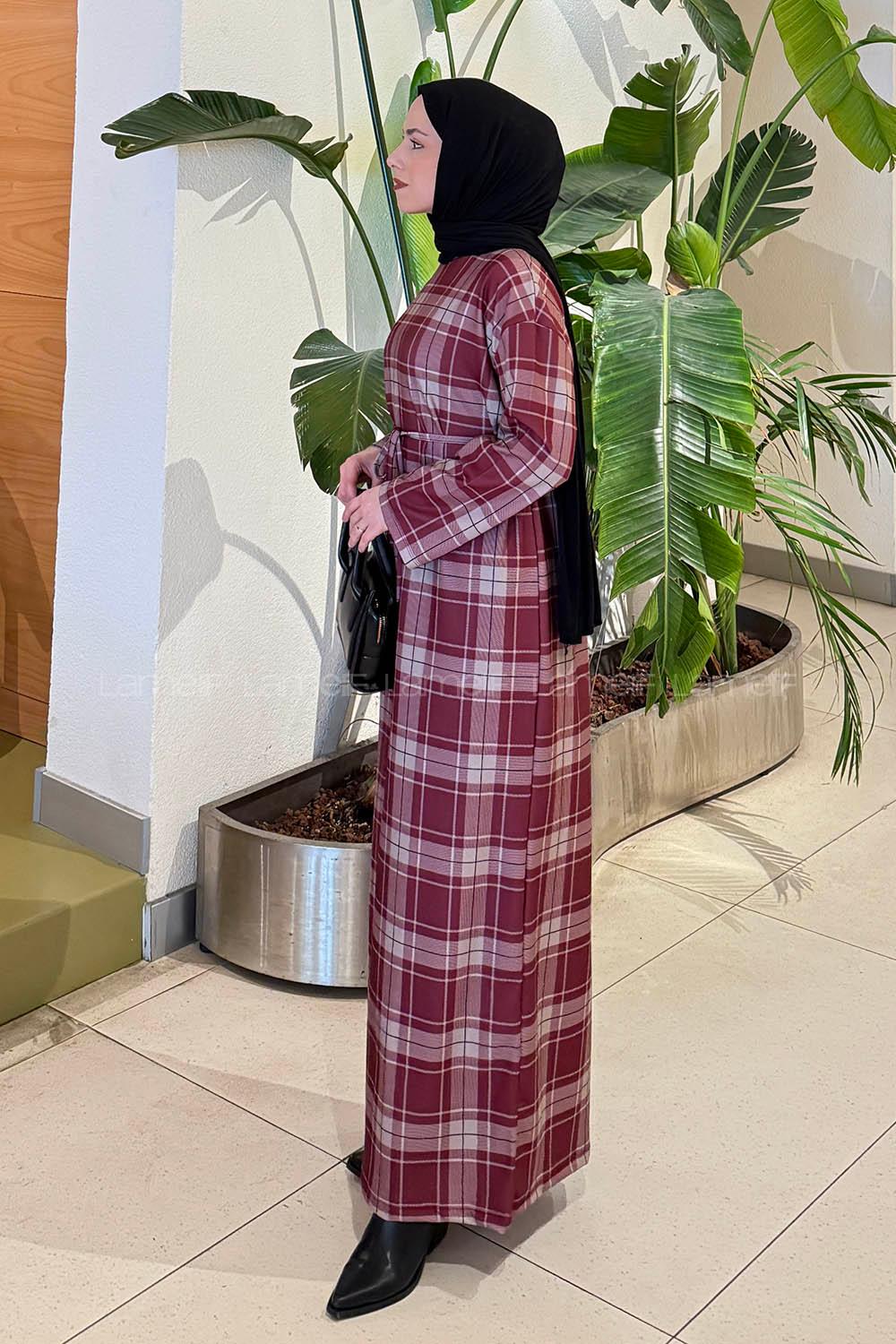 Lamelif Ekose Desen Tesettür Elbise Bordo