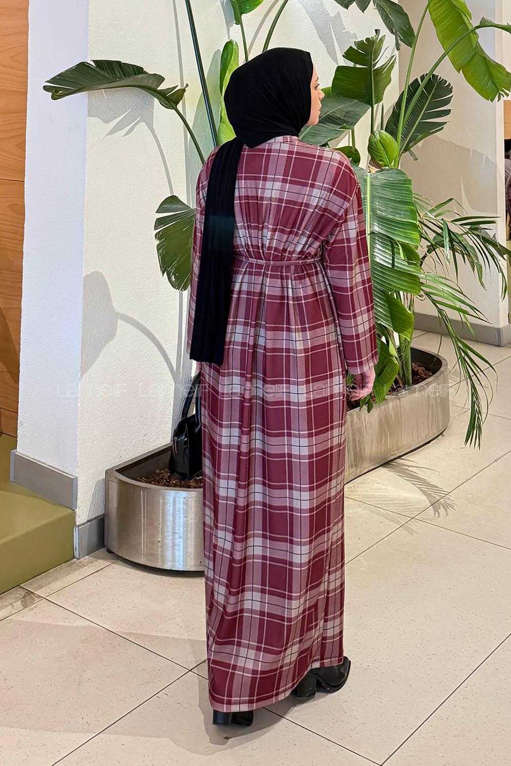 Lamelif Ekose Desen Tesettür Elbise Bordo