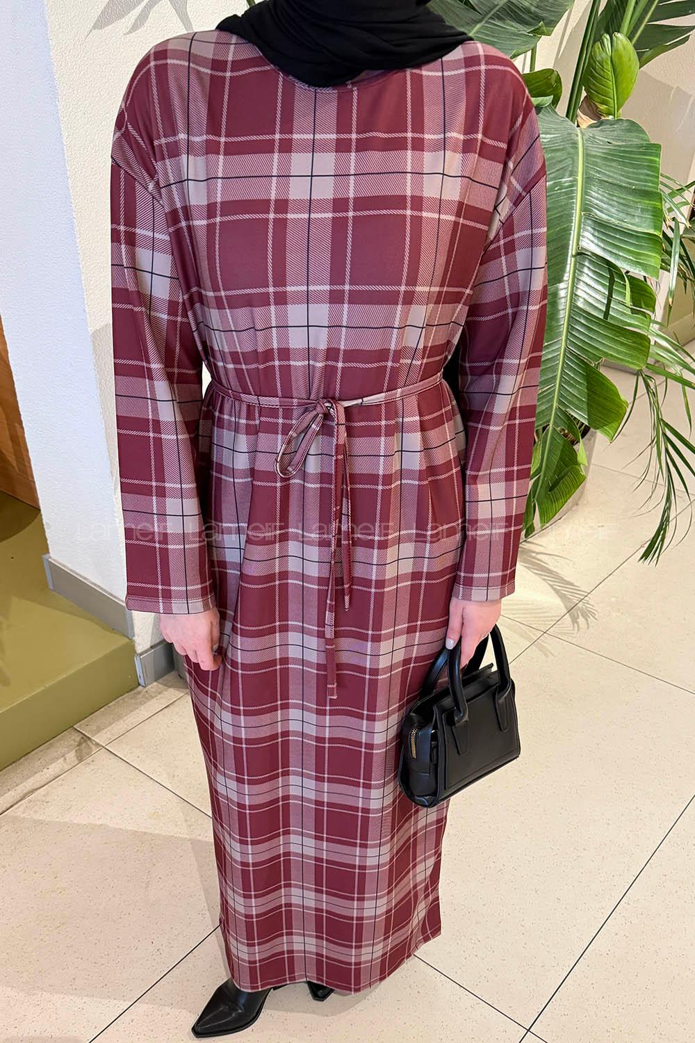 Lamelif Ekose Desen Tesettür Elbise Bordo