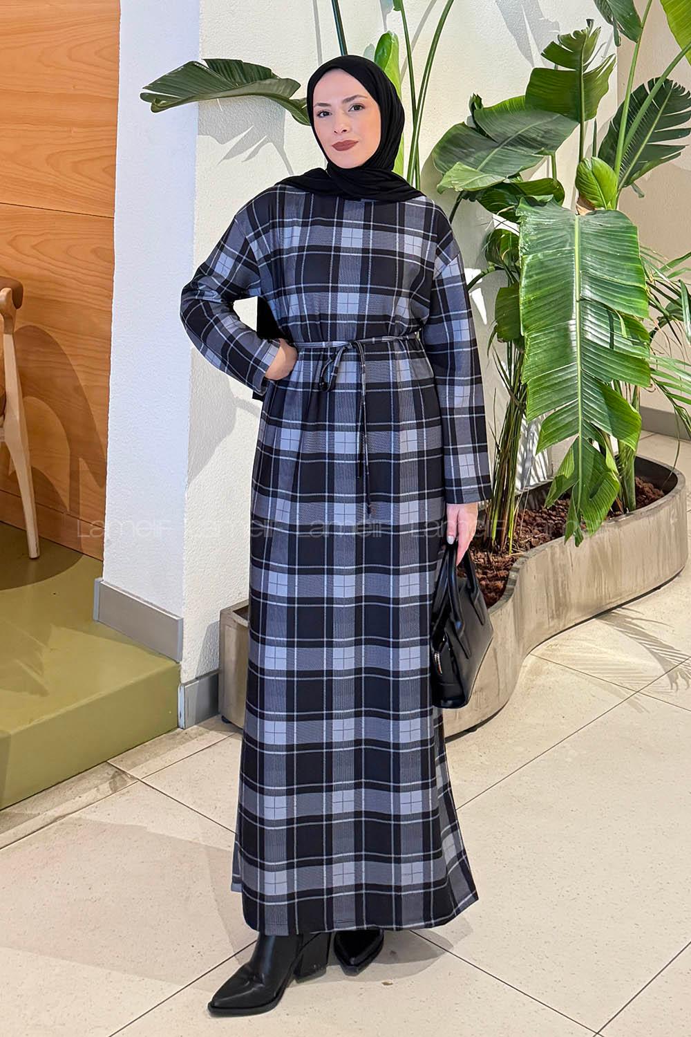 Lamelif Ekose Desen Tesettür Elbise Gri-Siyah