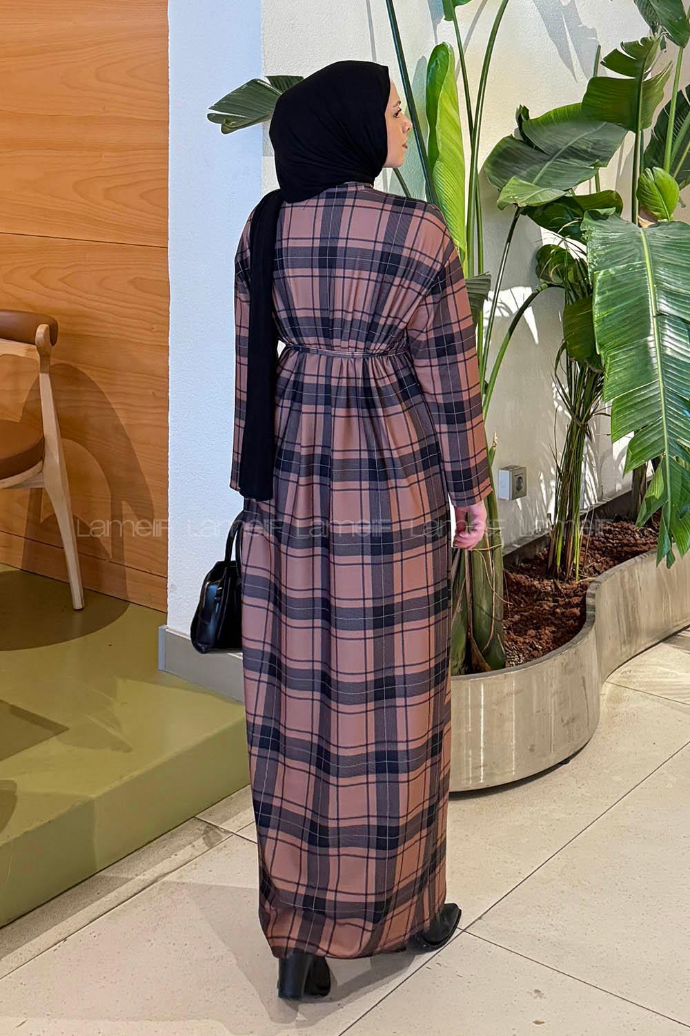 Lamelif Ekose Desen Tesettür Elbise Hardal Sarısı