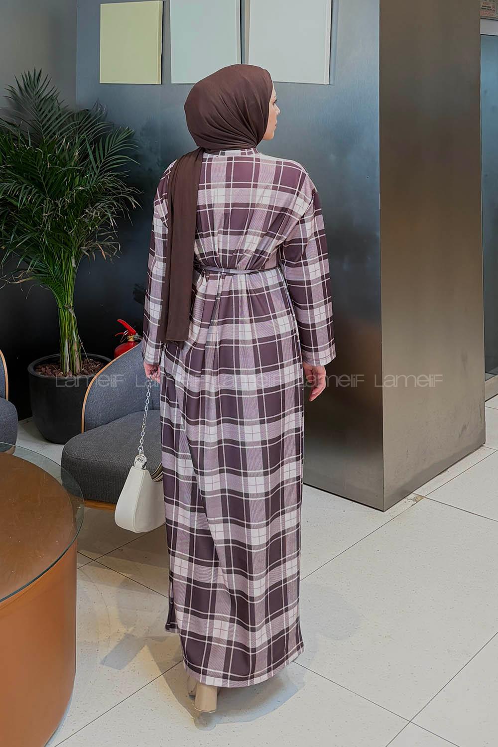 Lamelif Ekose Desen Tesettür Elbise Kahverengi-Bej