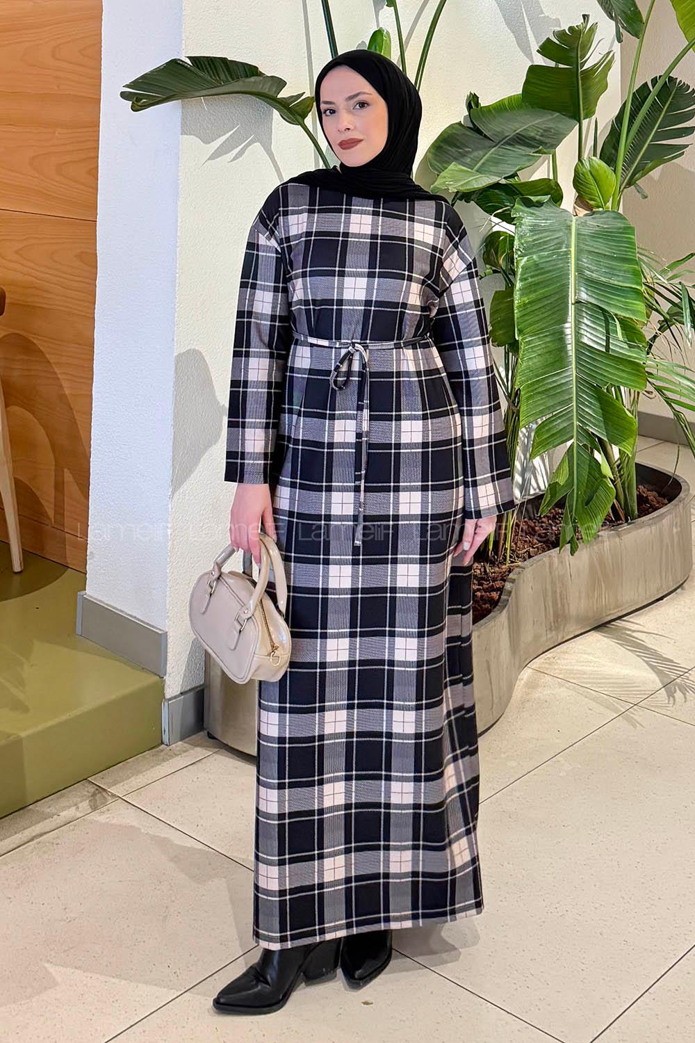 Lamelif Ekose Desen Tesettür Elbise Siyah-Vizonrengi