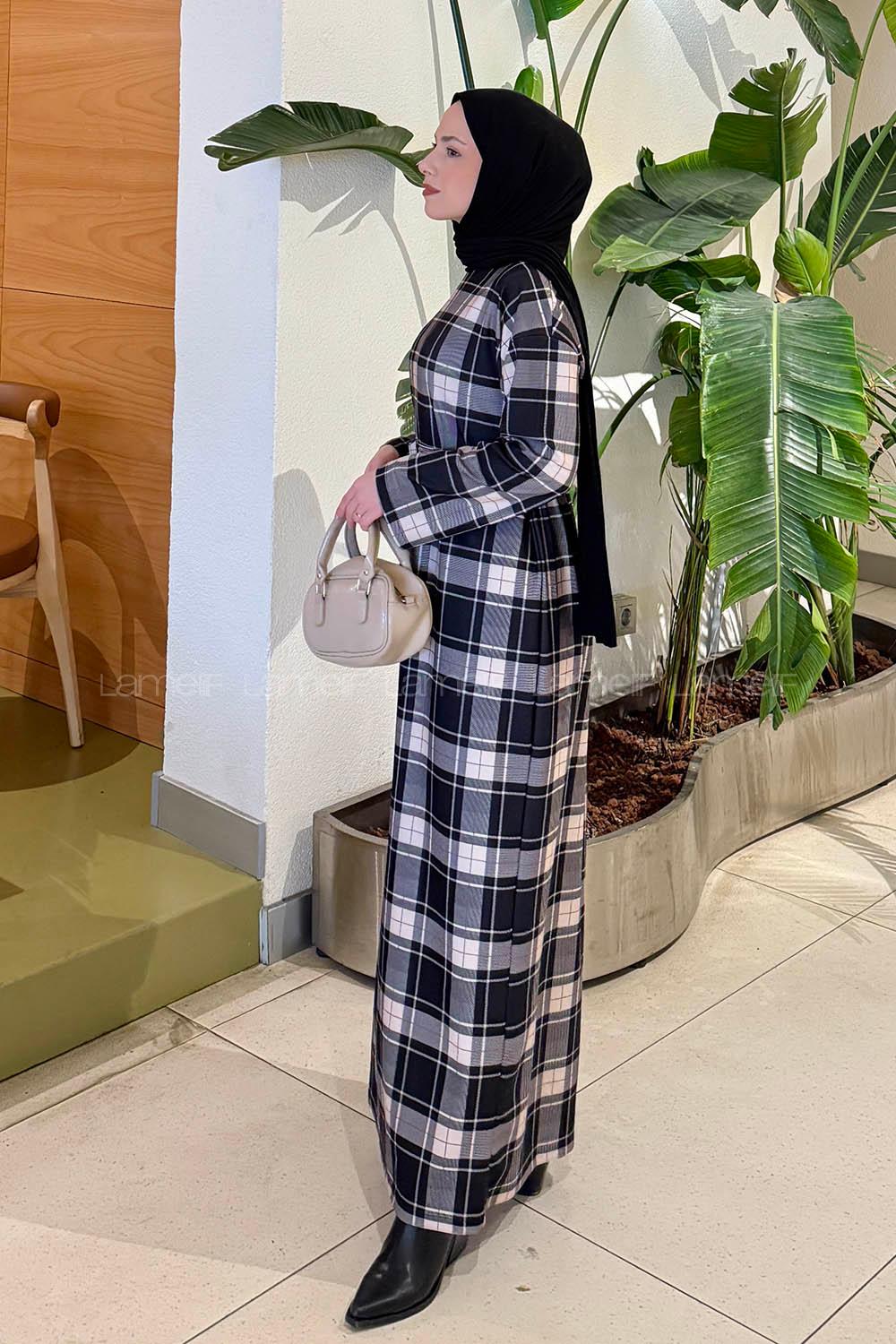 Lamelif Ekose Desen Tesettür Elbise Siyah-Vizonrengi