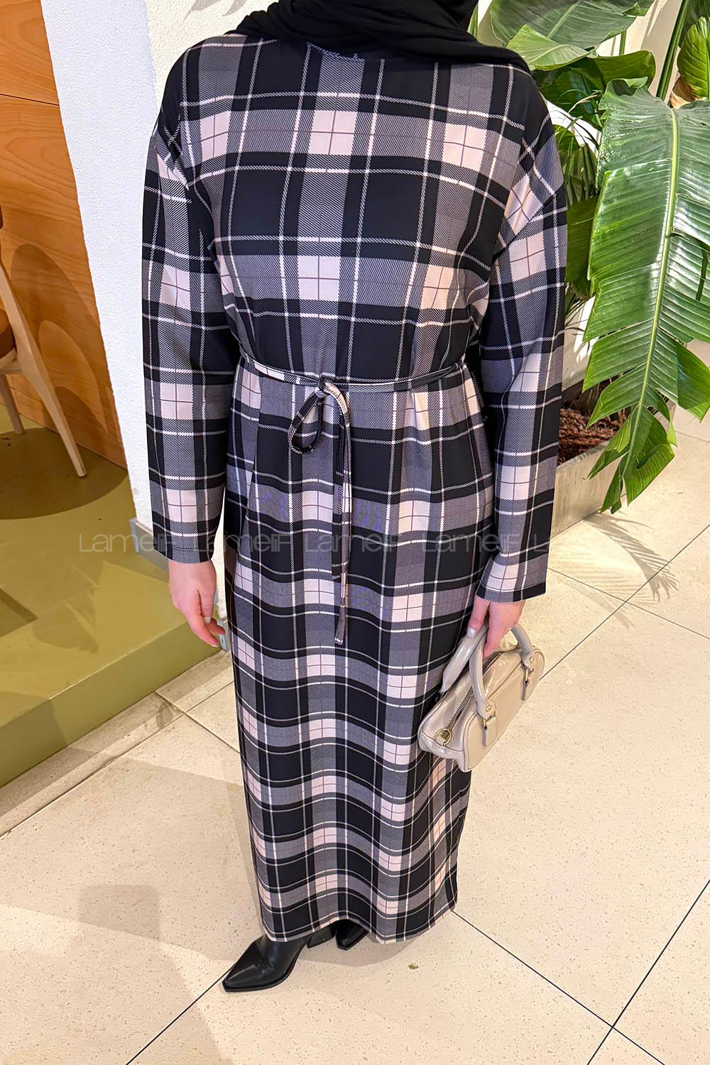 Lamelif Ekose Desen Tesettür Elbise Siyah-Vizonrengi