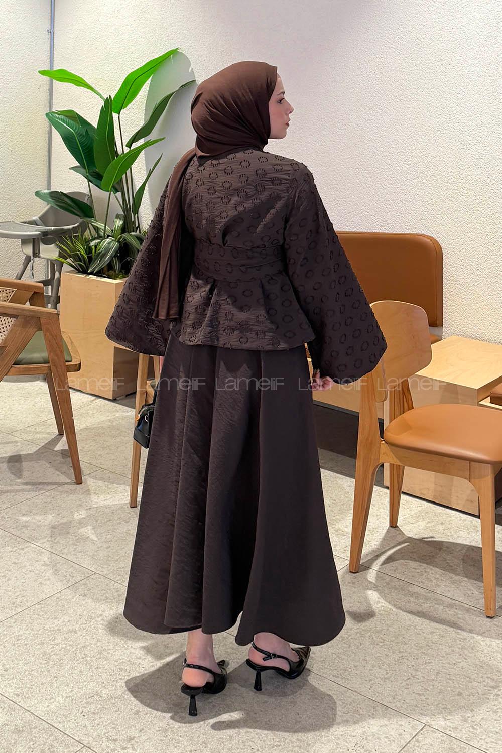 Lamelif Etekli Bağlamalı Takım Kahverengi