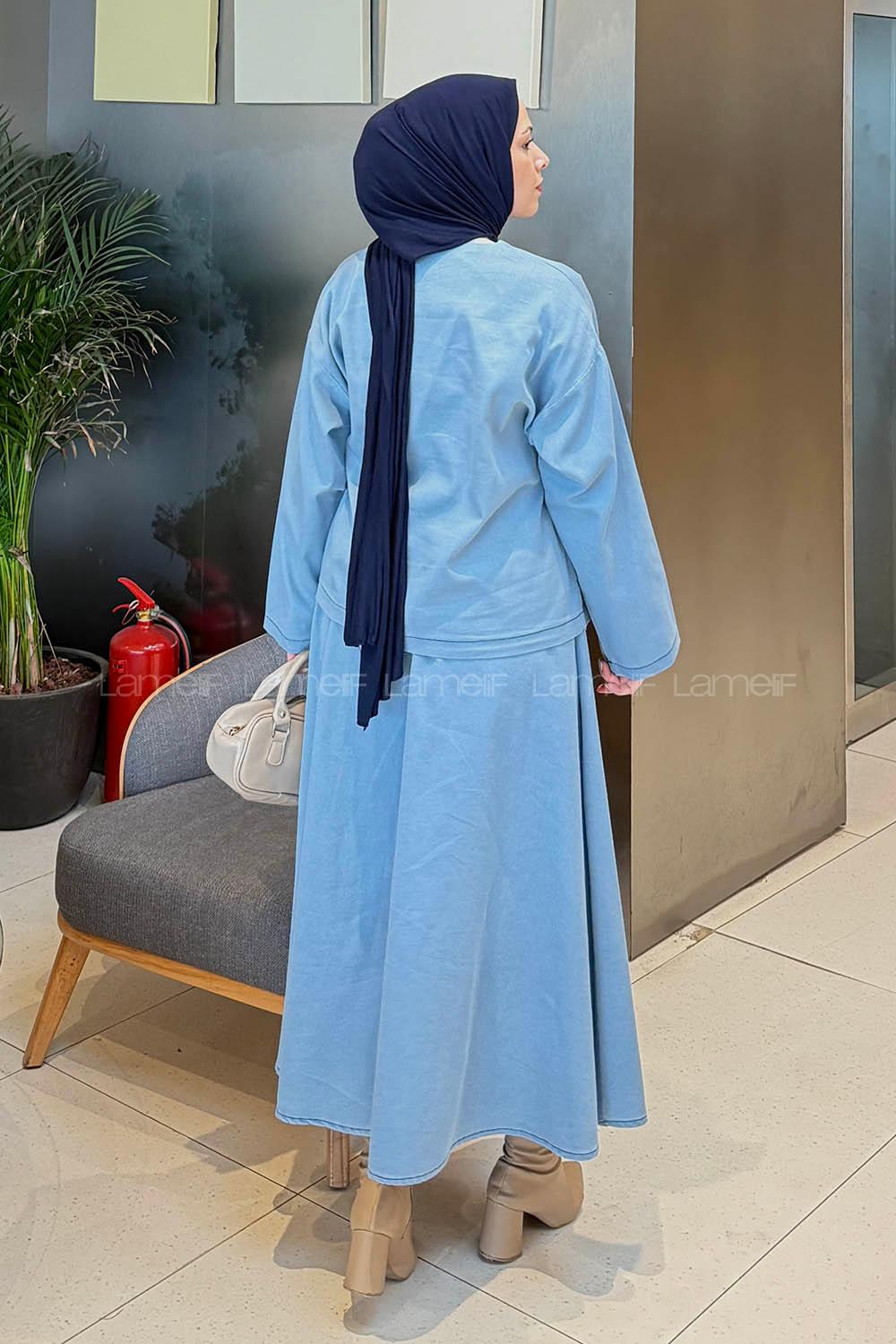 Light Blue V Neck Long Arm Denim Suit