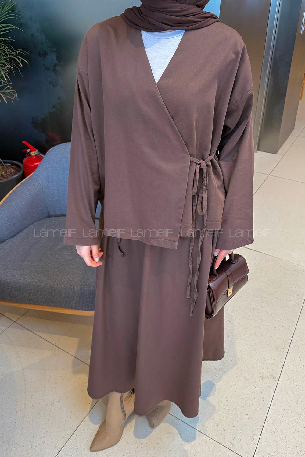 Brown V Neck Long Arm Denim Suit