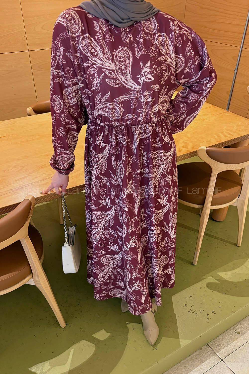 Lamelif Etnik Desen Tesettür Elbise Bordo