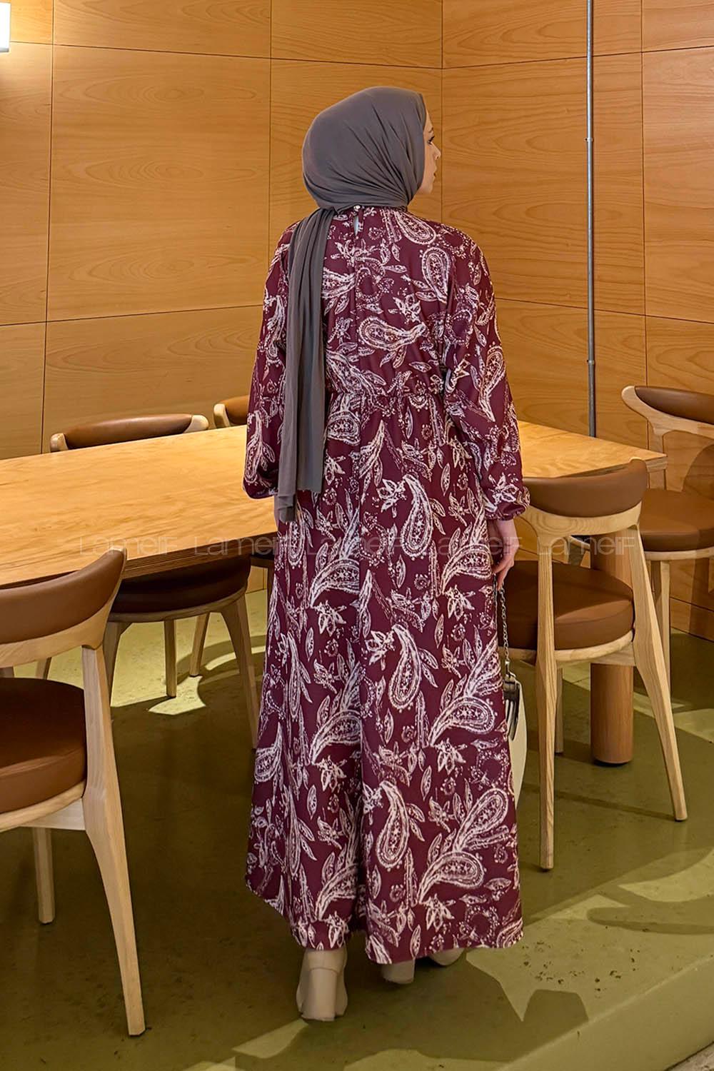 Lamelif Etnik Desen Tesettür Elbise Bordo