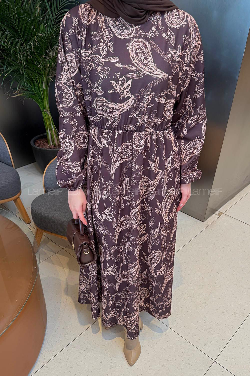 Lamelif Etnik Desen Tesettür Elbise Kahverengi-Bej