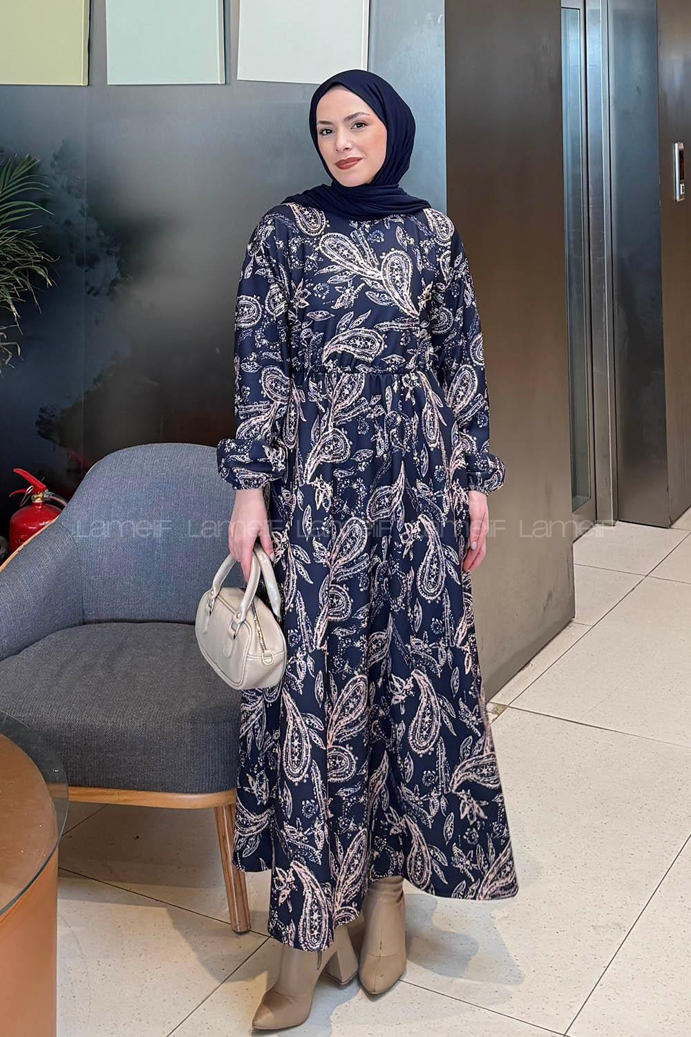 Lamelif Etnik Desen Tesettür Elbise Lacivert