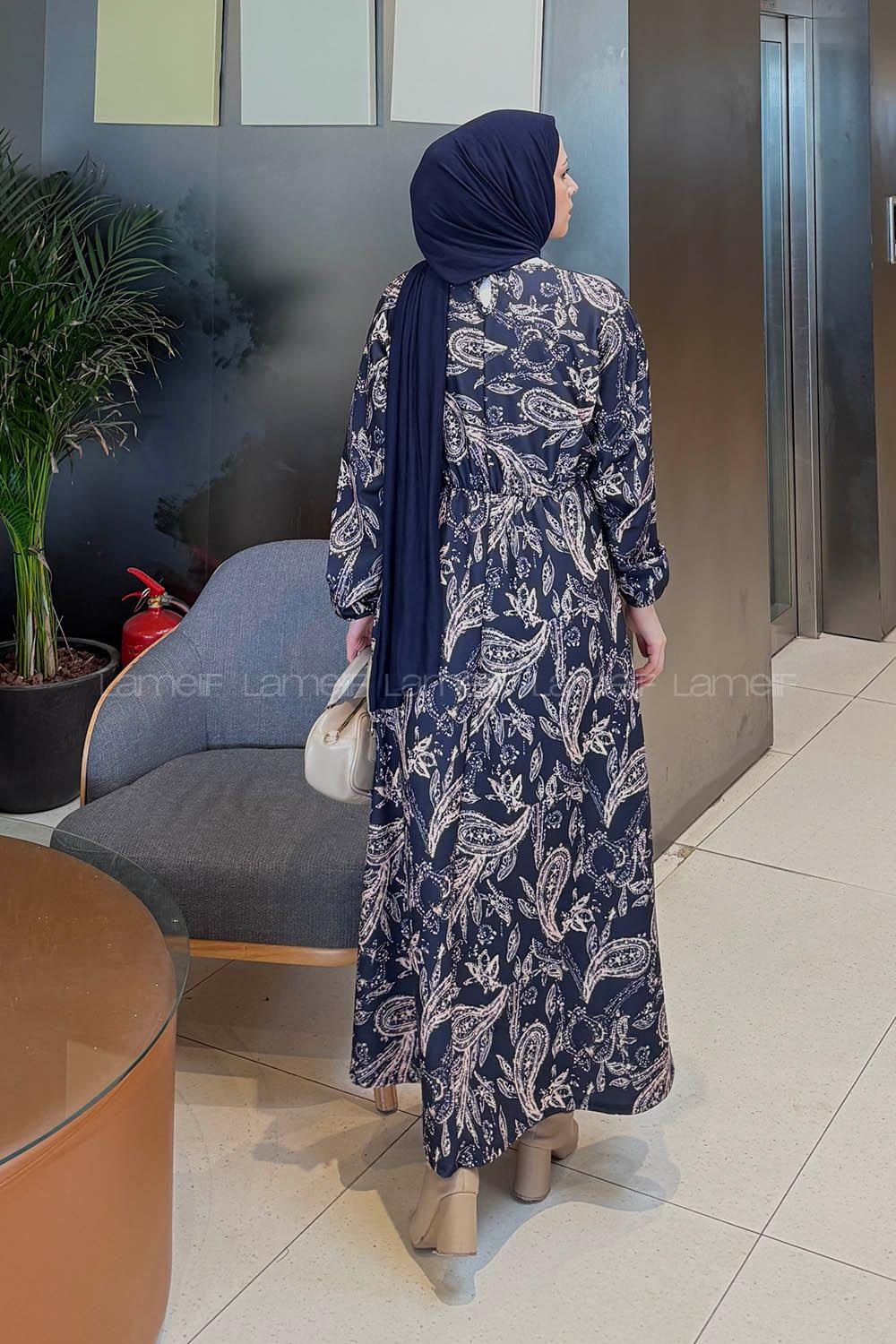 Lamelif Etnik Desen Tesettür Elbise Lacivert