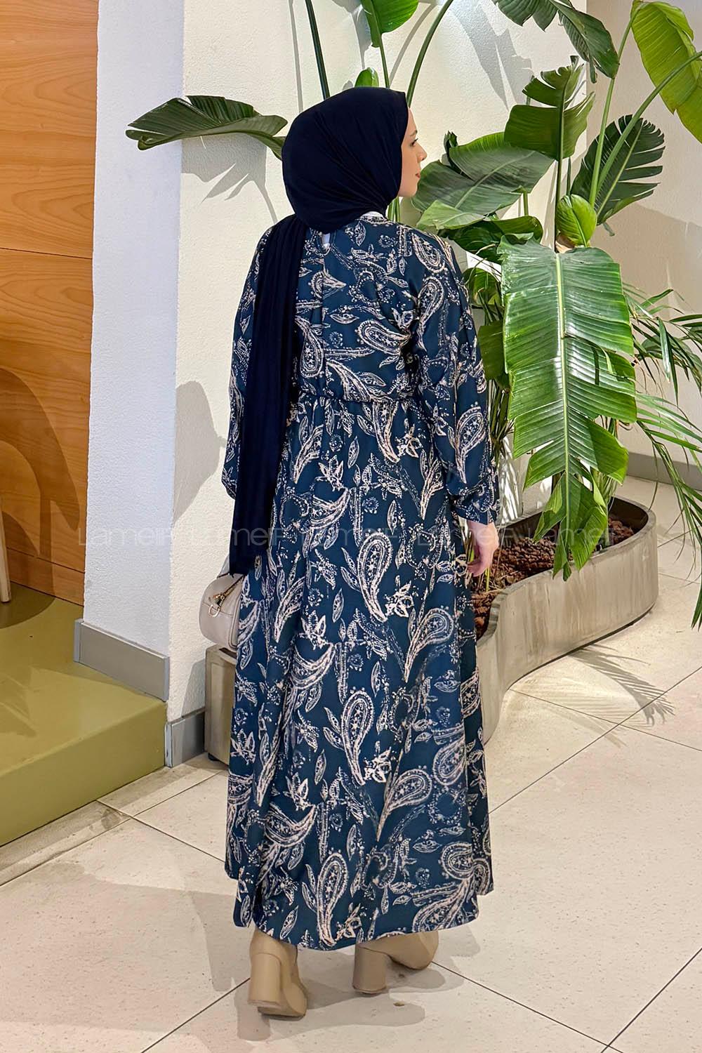 Lamelif Etnik Desen Tesettür Elbise Petrol Mavisi