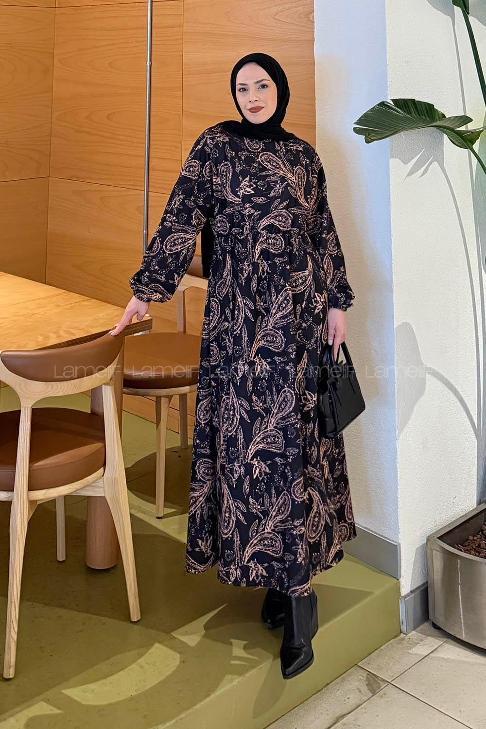 Lamelif Etnik Desen Tesettür Elbise Siyah-Kahverengi