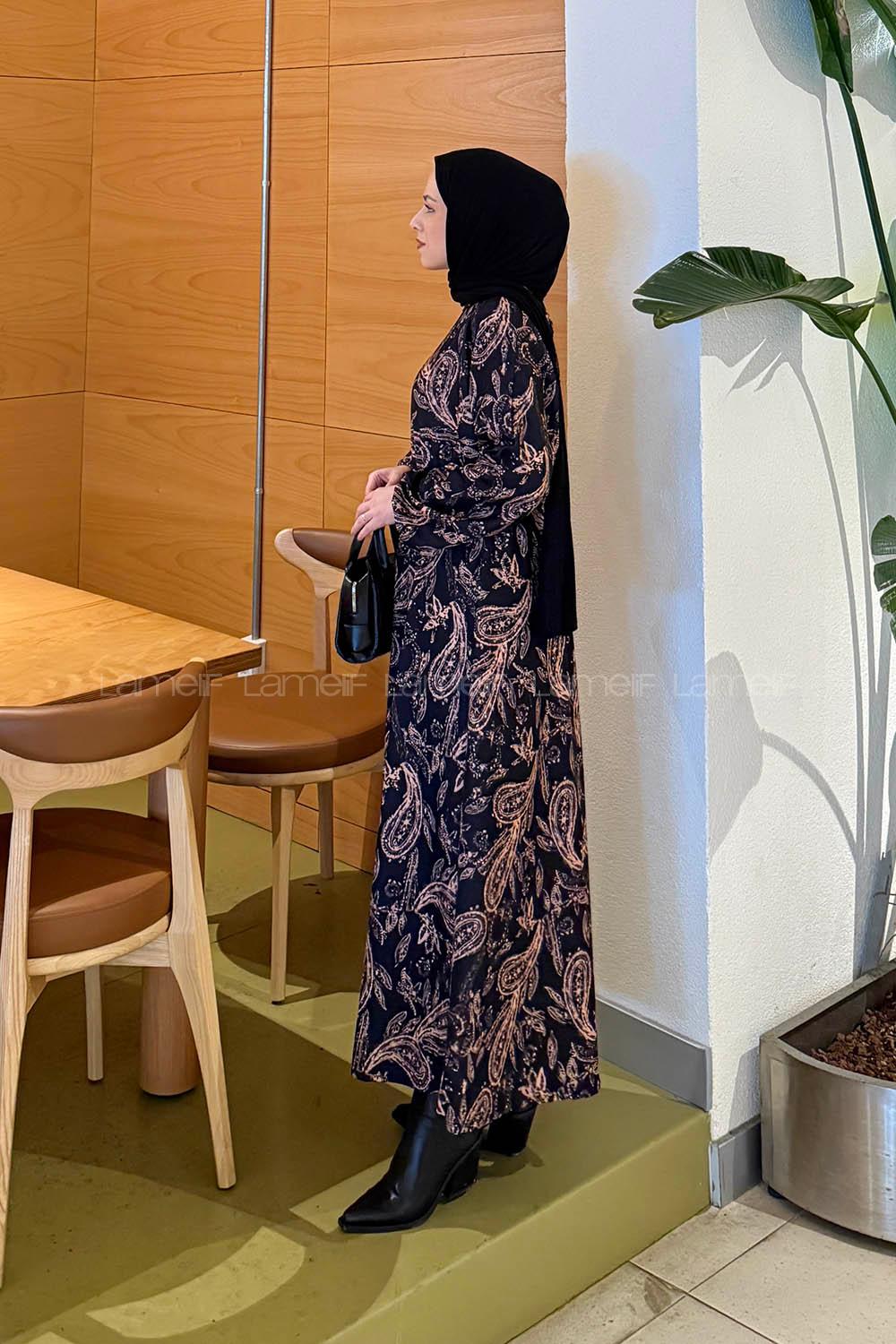 Lamelif Etnik Desen Tesettür Elbise Siyah-Kahverengi