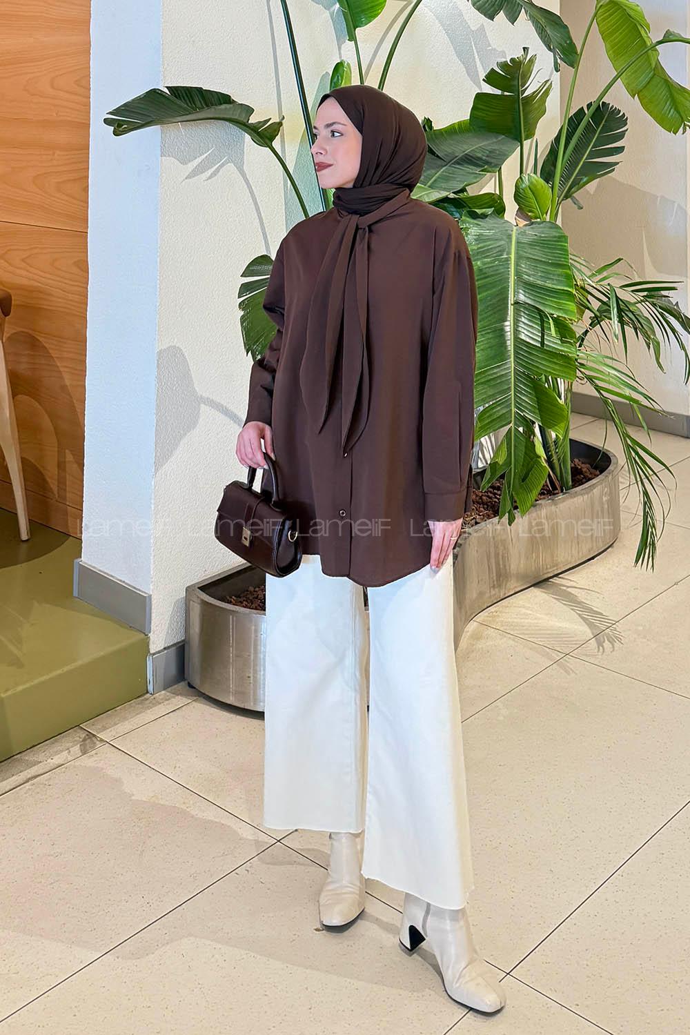 Bitter Brown Foulard Neck Long Arm Cotton Polyester Shirt