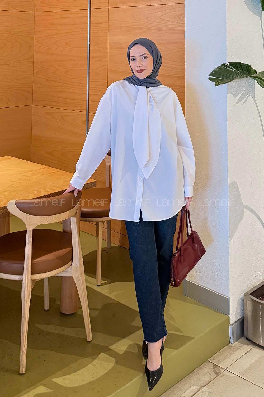 White Foulard Neck Long Arm Cotton Polyester Shirt
