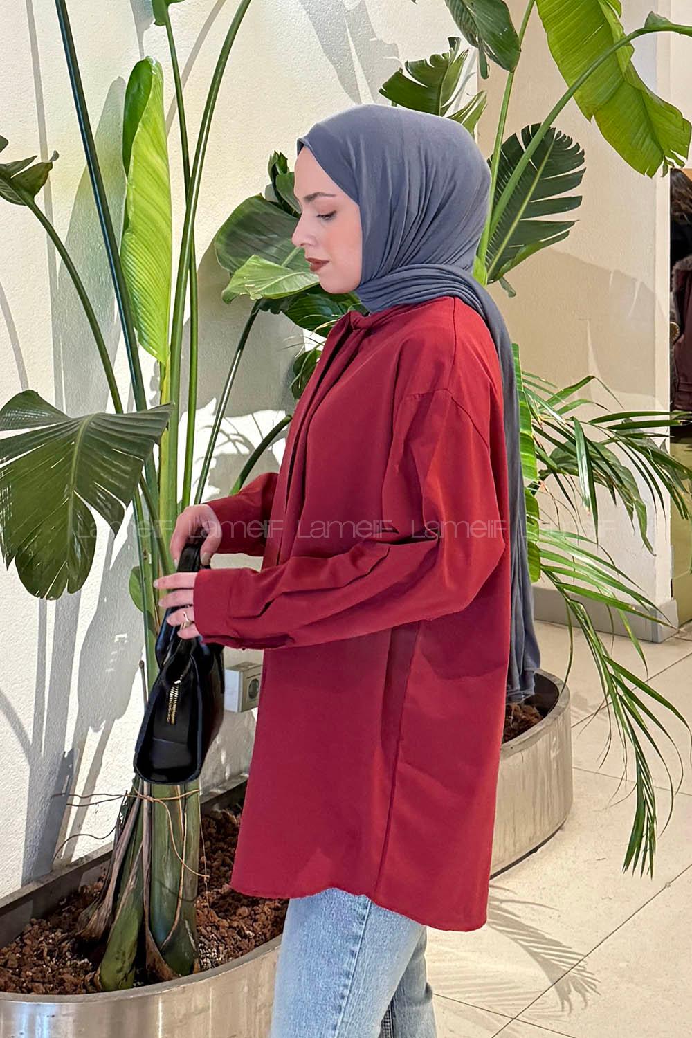 Claret Red Foulard Neck Long Arm Cotton Polyester Shirt