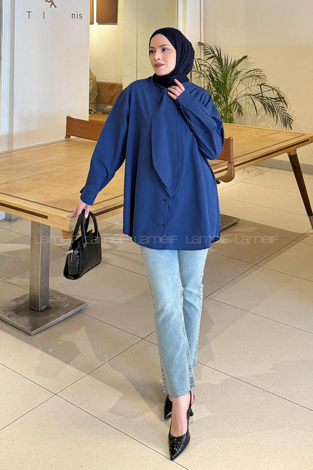 Navy Blue Foulard Neck Long Arm Cotton Polyester Shirt