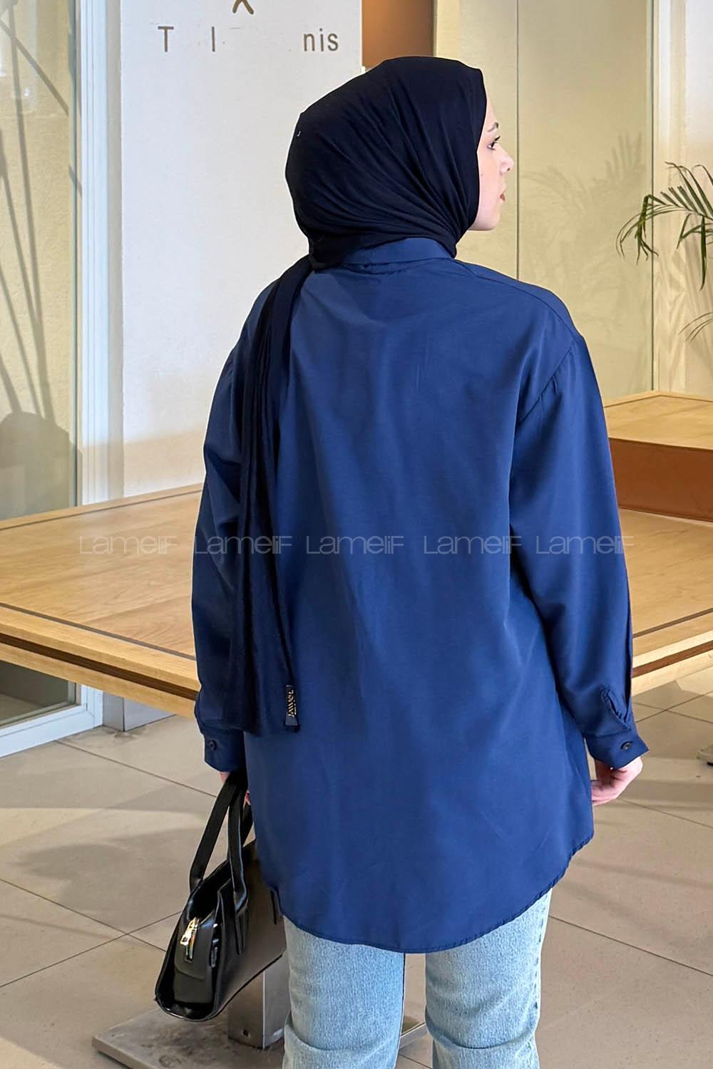 Navy Blue Foulard Neck Long Arm Cotton Polyester Shirt