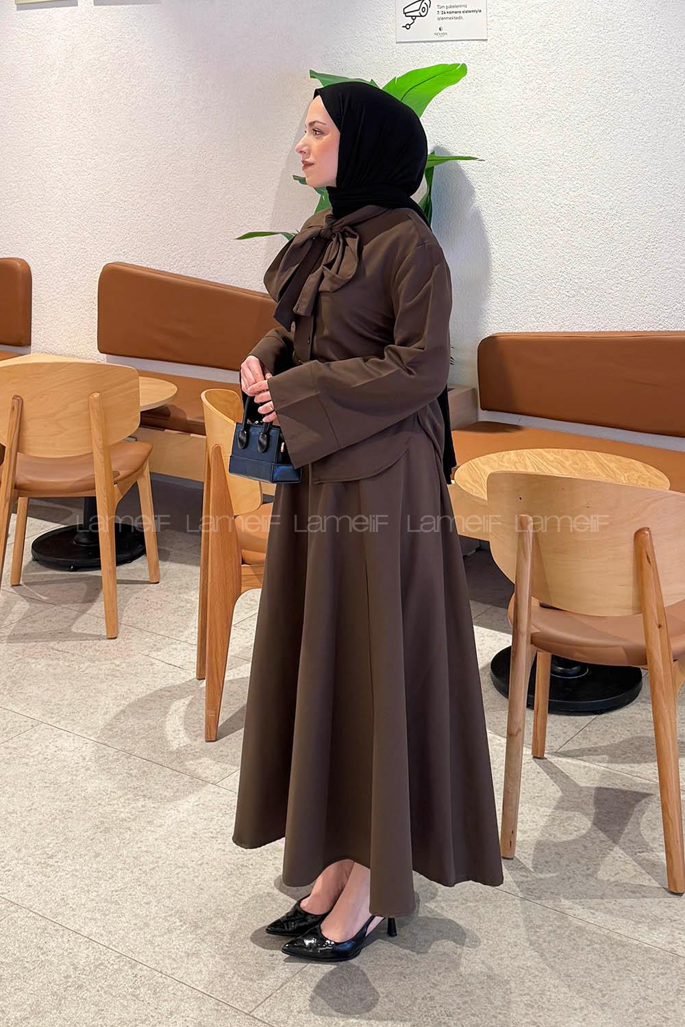 Bitter Brown Foulard Neck Long Arm Cotton Flared Skirt Suit