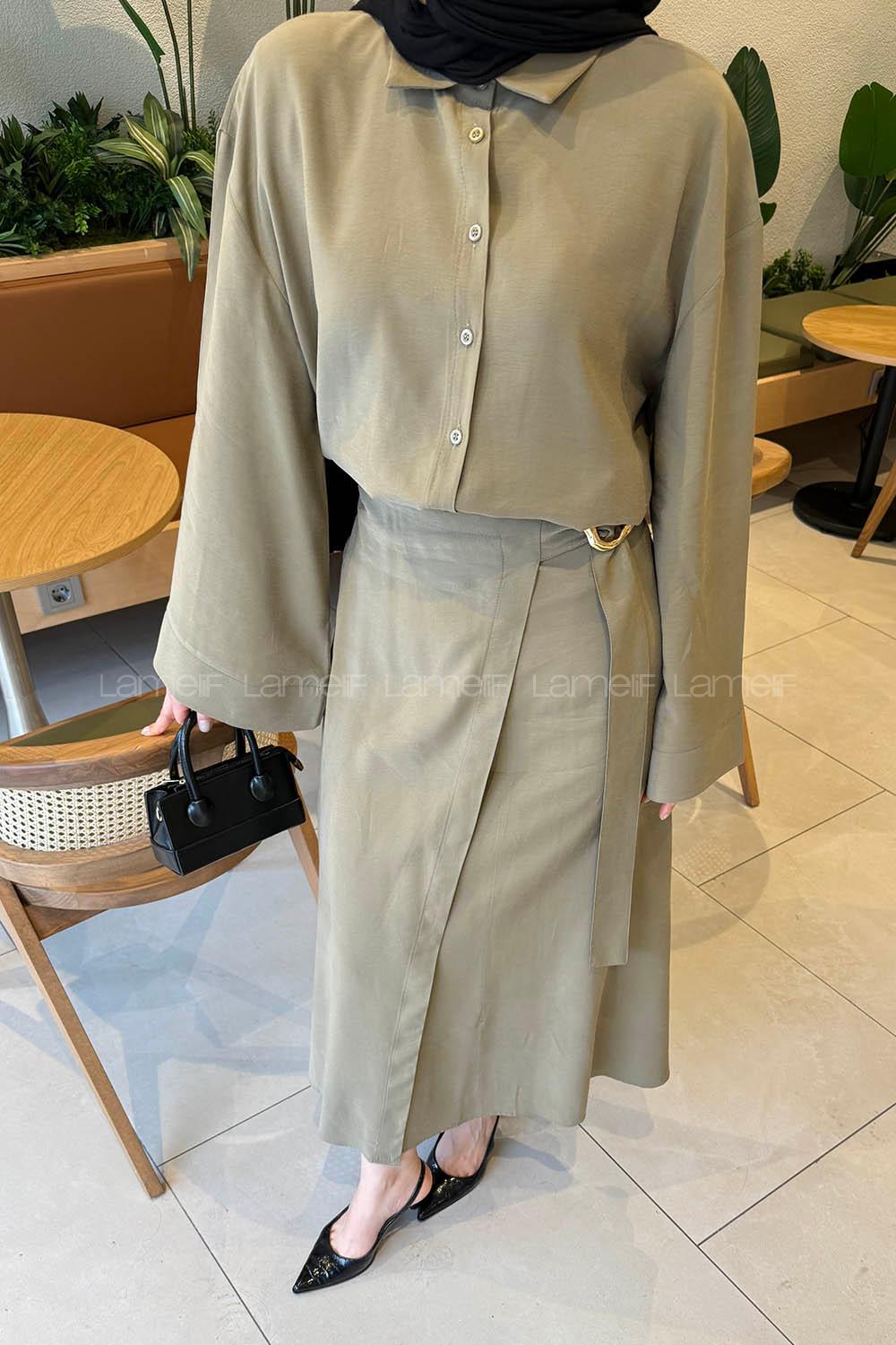 Khaki Shirt Collar Long Arm Viscose Fabric Suit