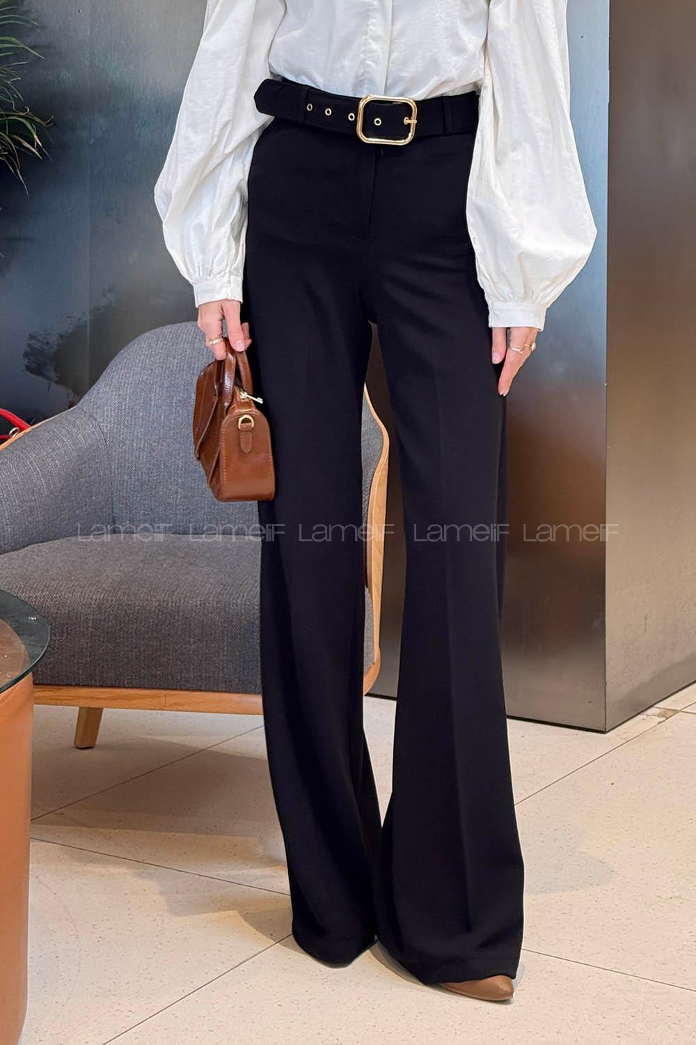 Lamelif Kemerli Palazzo Pantolon Siyah