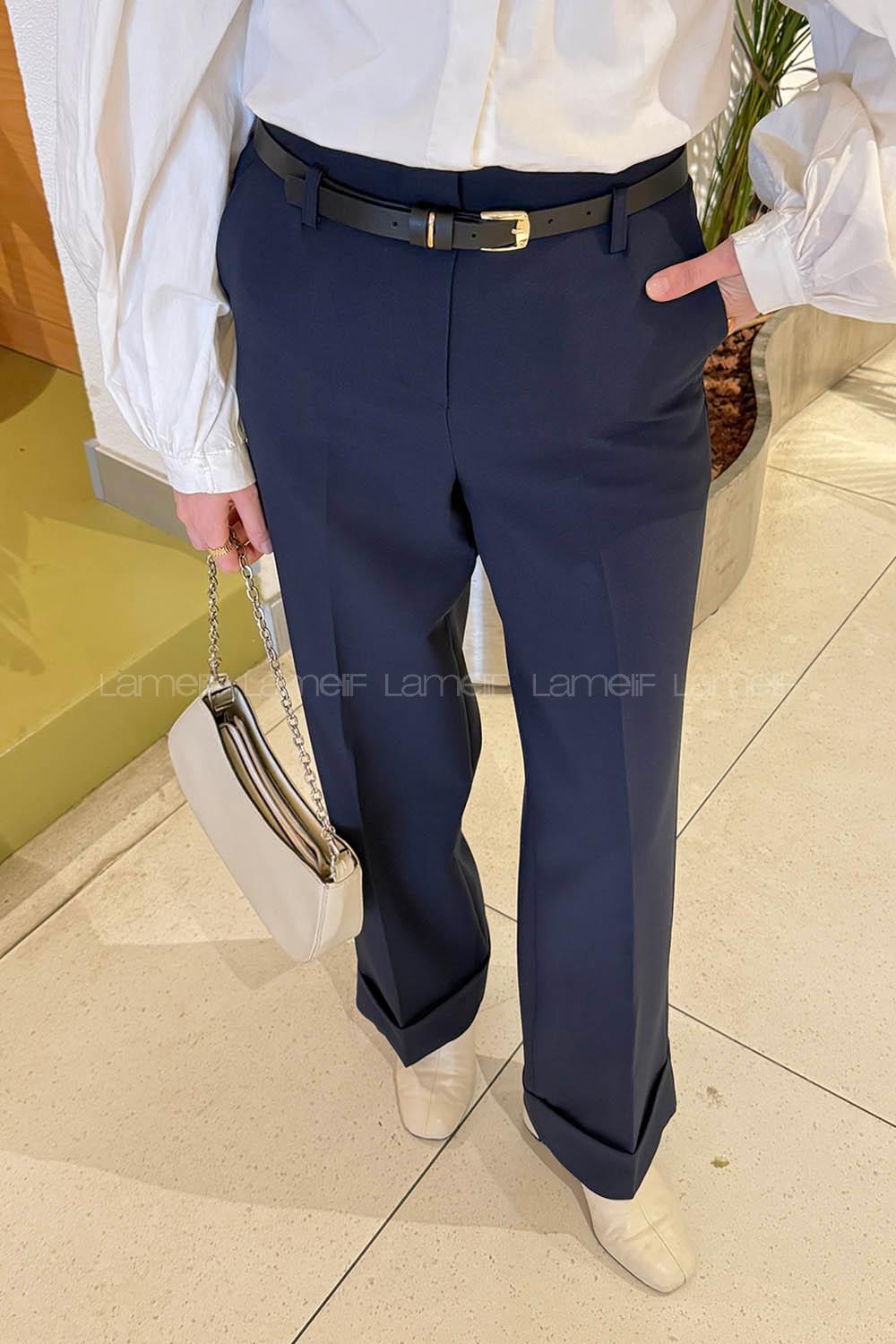Lamelif Paçası Katlı Yüksek Bel Pantolon Lacivert