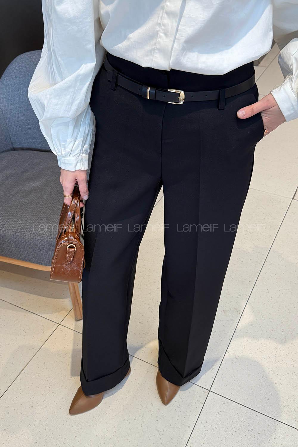 Lamelif Paçası Katlı Yüksek Bel Pantolon Siyah