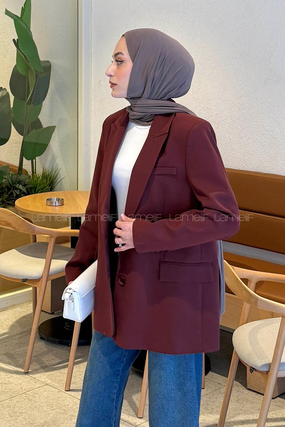 Claret Red Jacket Collar Long Arm Viscose Fabric Jacket