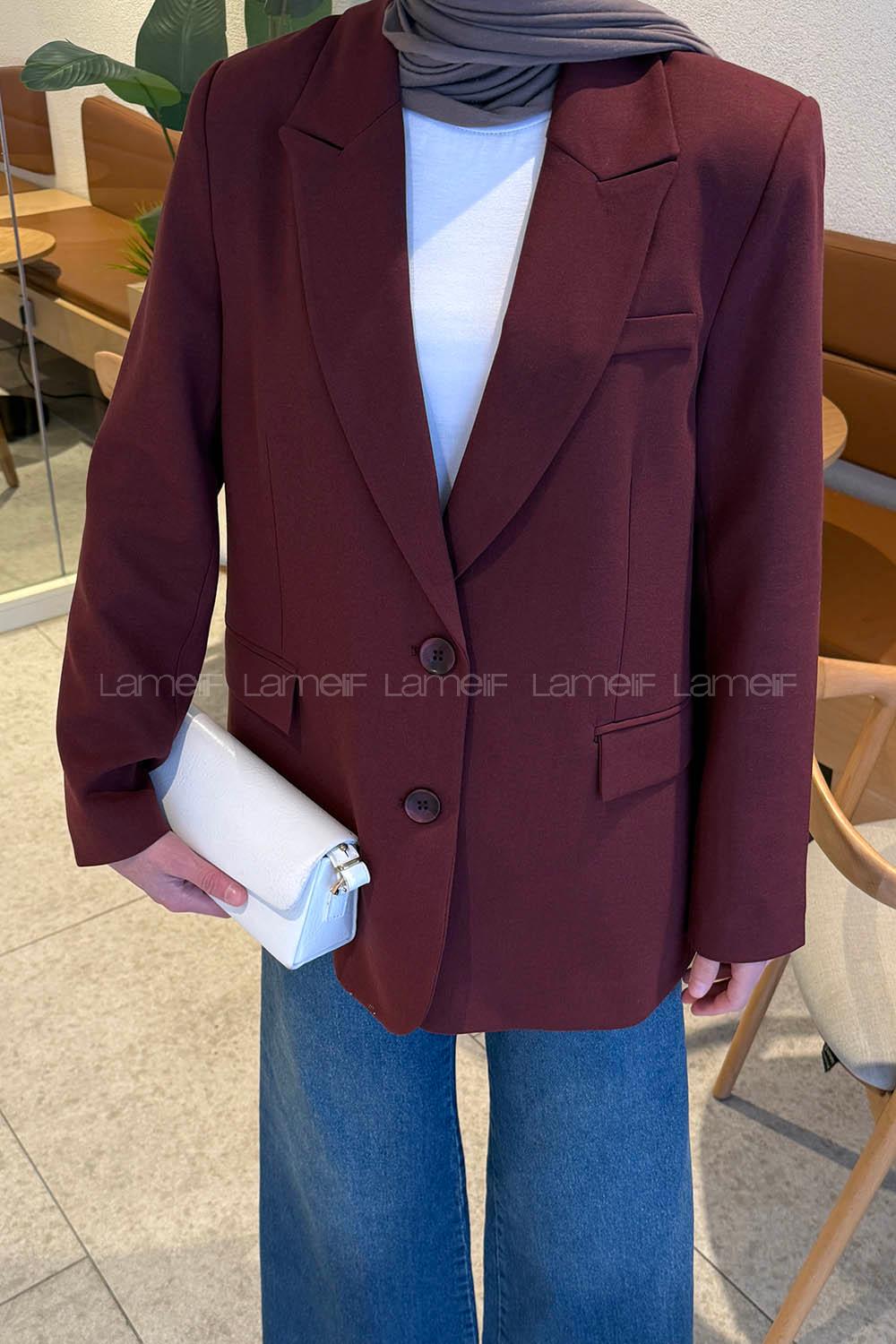 Claret Red Jacket Collar Long Arm Viscose Fabric Jacket
