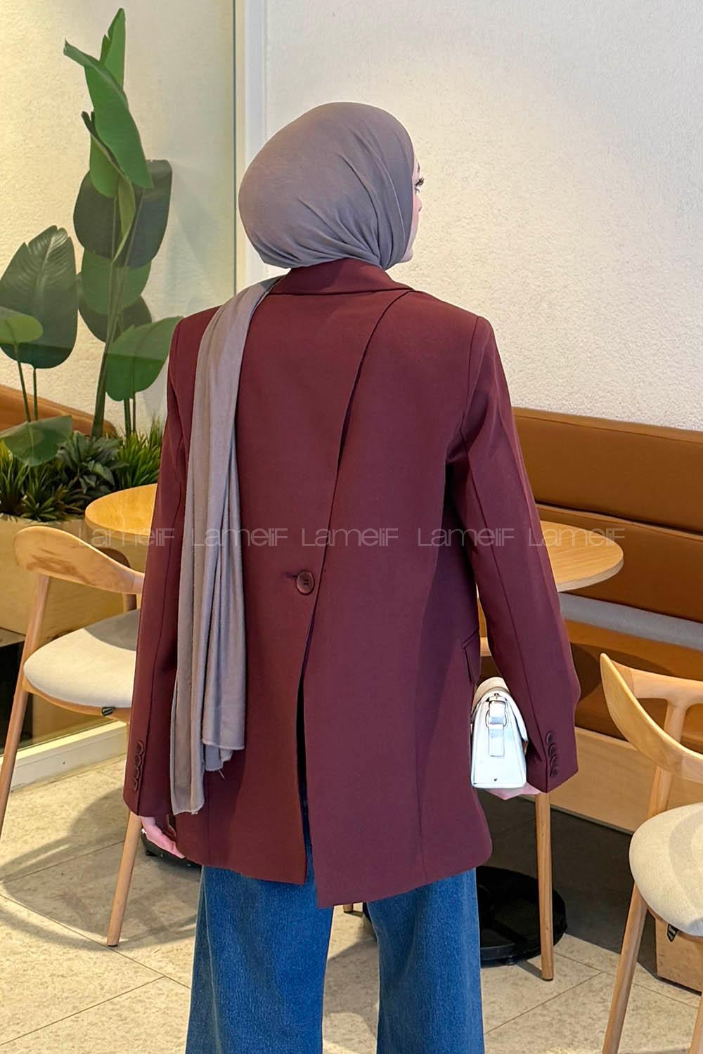 Claret Red Jacket Collar Long Arm Viscose Fabric Jacket
