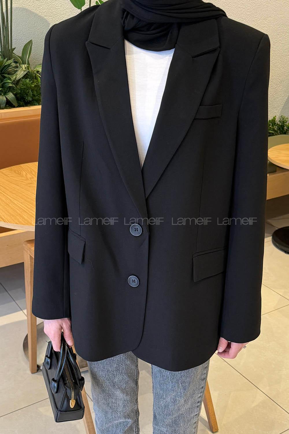 Black Jacket Collar Long Arm Viscose Fabric Jacket