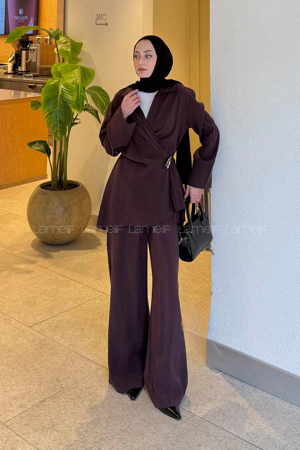 Lamelif Toka Detaylı Pantolonlu Takım Mürdüm